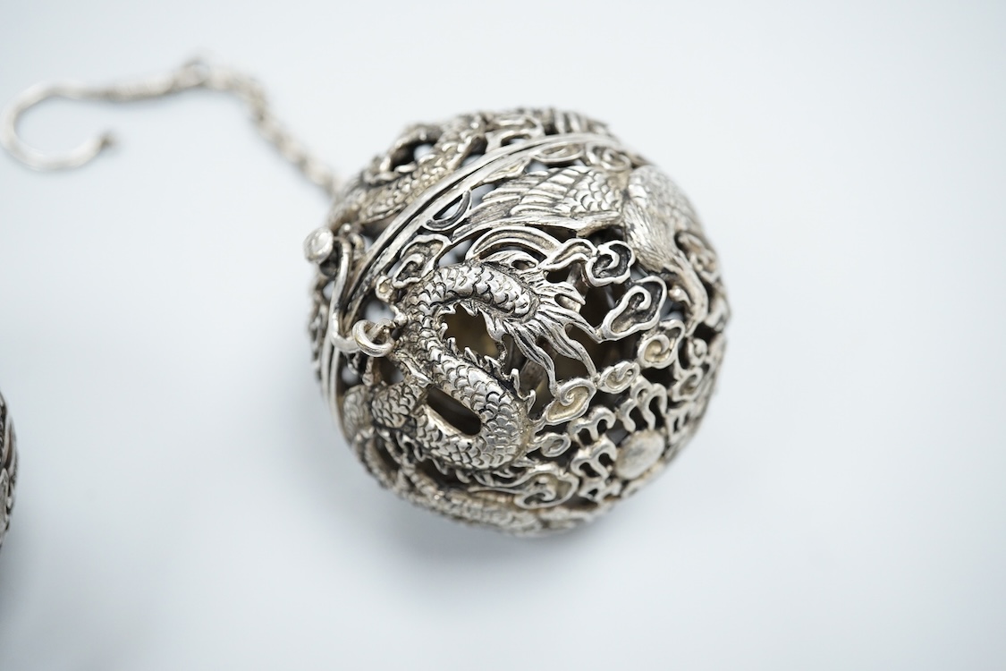 Two Chinese white metal pomanders